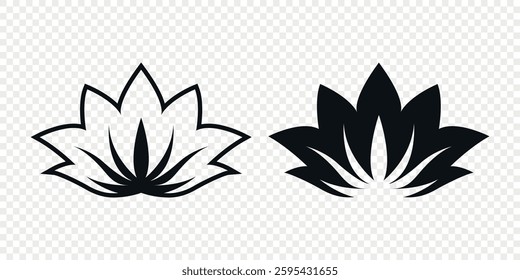 Flat Single Color Vector Lotus Flower Icon Set. Monochrome Floral Symbol. Lotus Silhouette Design for Yoga and Spa Logo. Botanical and Nature Emblem Set. Elegant Flower Clipart