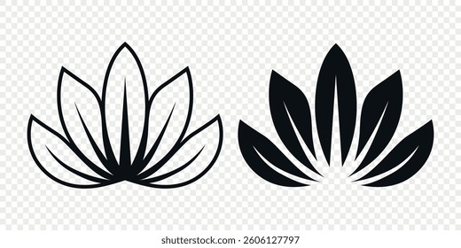 Flat Single Color Vector Lotus Flower Icon Set. Monochrome Floral Symbol. Lotus Silhouette Design for Yoga and Spa Logo. Botanical and Nature Emblem Set. Elegant Flower Clipart