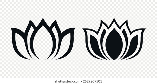 Flat Single Color Vector Lotus Flower Icon Set. Monochrome Floral Symbol. Lotus Silhouette Design for Yoga and Spa Logo. Botanical and Nature Emblem Set. Elegant Flower Clipart