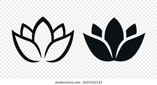 Flat Single Color Vector Lotus Flower Icon Set. Monochrome Floral Symbol. Lotus Silhouette Design for Yoga and Spa Logo. Botanical and Nature Emblem Set. Elegant Flower Clipart