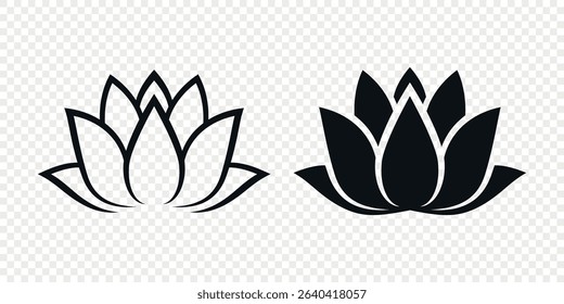 Flat Single Color Vector Lotus Flower Icon Set. Monochrome Floral Symbol. Lotus Silhouette Design for Yoga and Spa Logo. Botanical and Nature Emblem Set. Elegant Flower Clipart