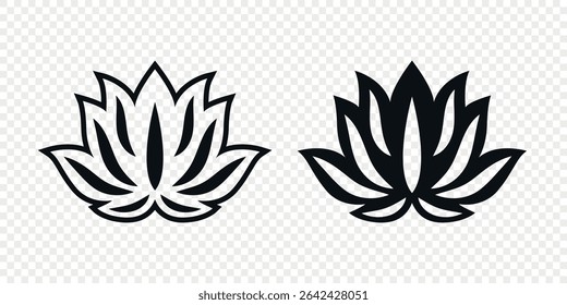 Flat Single Color Vector Lotus Flower Icon Set. Monochrome Floral Symbol. Lotus Silhouette Design for Yoga and Spa Logo. Botanical and Nature Emblem Set. Elegant Flower Clipart