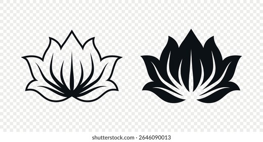 Flat Single Color Vector Lotus Flower Icon Set. Monochrome Floral Symbol. Lotus Silhouette Design for Yoga and Spa Logo. Botanical and Nature Emblem Set. Elegant Flower Clipart