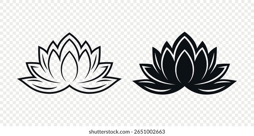 Flat Single Color Vector Lotus Flower Icon Set. Monochrome Floral Symbol. Lotus Silhouette Design for Yoga and Spa Logo. Botanical and Nature Emblem Set. Elegant Flower Clipart