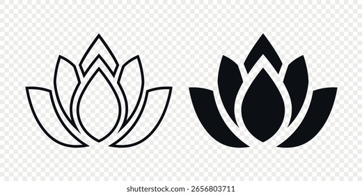 Flat Single Color Vector Lotus Flower Icon Set. Monochrome Floral Symbol. Lotus Silhouette Design for Yoga and Spa Logo. Botanical and Nature Emblem Set. Elegant Flower Clipart