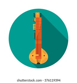 Flat Sitar with Shadow. Vector Illustration. Musical Instrument Flat Stylized with Long Shadow. Design element for your design.