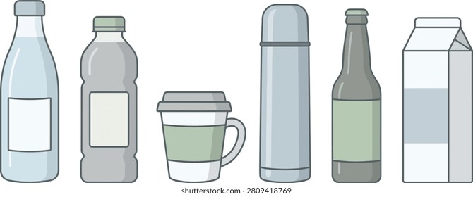 A flat of six different beverage containers lined up: a light blue water bottle, a gray plastic bottle, a green and white coffee cup, a light blue thermos, a green-labeled glass bottle, and a...