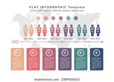 Flat six points Infographic Template with high detailed World Map for your project