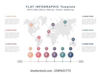 Flat six points Infographic Template with high detailed world map for your project