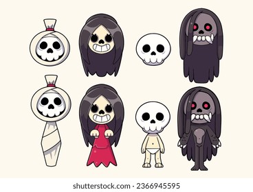 Flat Skeleton Indonesian Ghosts Halloween Characters Collection - Vector, Pocong, Kuntilanak, Tuyul, Genderuwo