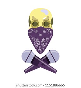 Flat skeleton skull in headband bandana with crossed microphones icon. Rap, hip hop battle, party symbol. Vector isolated illustration.