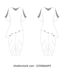 Flat Sketch Of Asymmetrical Kurta Along With Dhoti Pant. Indian Ethnic Wear Front And Back View.