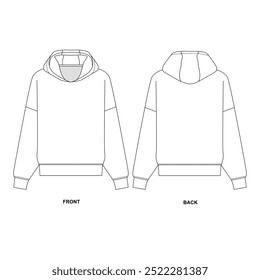 Flat sketch of basic hoodie, front and back view. Fashionable hooded jacket template, vector. Technical drawing of a long sleeve sports sweatshirt.