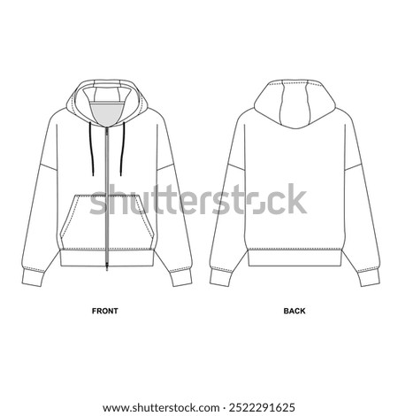 Flat sketch of basic hoodie with zipper, front and back view. Fashionable hooded jacket template, vector. Technical drawing of sports sweatshirt with pockets. 