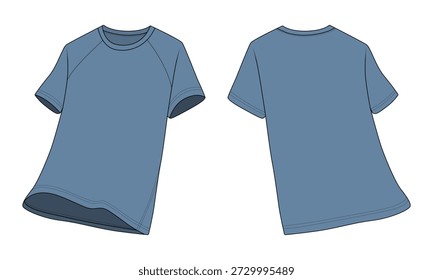 Flat sketch blue short sleeve raglan t-shirt front and back view