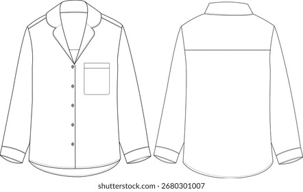 Boceto plano de la camisa clásica de Botón – Dibujo técnico delantero y trasero