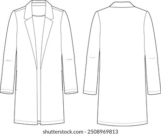 Flat sketch drawing of a coat or long jacket for ladies fashion. Vector Illustration.