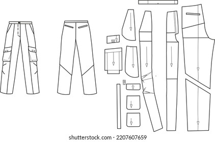 Flat sketch drawing. Pants drawing, front view and back view. Sewing template.
Patterns for Sewing.
