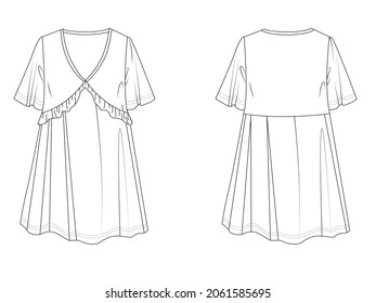 Esbozo plano de vestimenta. Parte posterior de la ilustración vectorial. Vestido de especificación con mangas medias de campana, espuma y cuello v.
