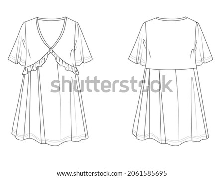 Flat sketch of dress. Front  back of vector illustration. Specification dress with bell half sleeves, ruffle and v neck.