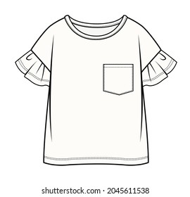 FLAT SKETCH OF DROP SHOULDER TEE WITH PATCH POCKET FOR GIRLS IN EDITABLE VECTOR FILE