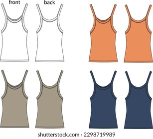 Flat sketch fashion illustration of female sleeveless singlet
colored basic clothes drawing,
fashion cad, front and back image