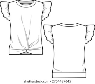 flat sketch of flutter sleeve twist front top