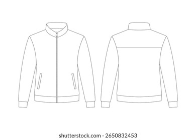Flat sketch of a front and back view of a zip up jacket with collar and pockets. Minimalist technical fashion drawing ideal for clothing design, fashion templates, or garment production guides.
