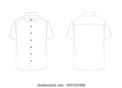 Flat Sketch Of Half Sleeve Shirt. Fashion Digital Illustration. Men's Flat Sketch For CAD. Detailing Of Shirt Collar, Sleeve, Buttons Etc.