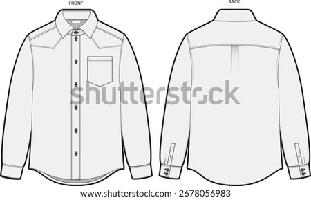 Flat sketch of men’s long sleeve button-down shirt with yoke, chest pocket, back pleat, cuff and placket detail. Front and back technical fashion CAD drawing for apparel design.
