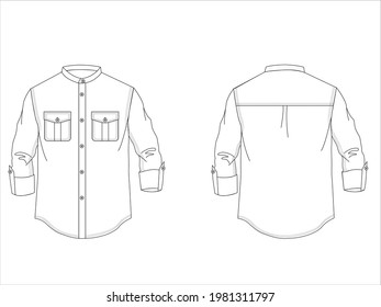 Flat Sketch Of Men Full Sleeve Shirt With Patch Pocket, Roll Up Sleeve, 
Curve Hem Finish ,tab And Mandarin Collar. Digital Flat Sketch Back And Front. For Colour Ways , Techpack And CAD.