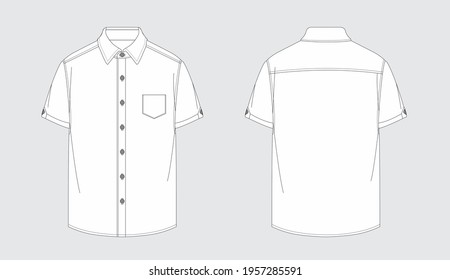 Flat sketch men half sleeve shirt and patch pocket  roll up sleeve   shirt collar  Digital flat sketch back   front  For colour ways   techpack   CAD 