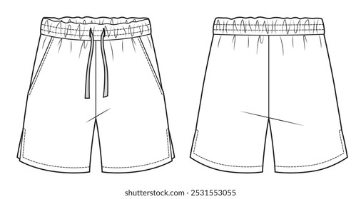 Flat sketch of mens elastic waist drawstring shorts