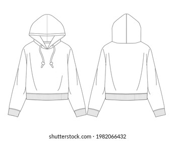 Flat sketch of men's hoodie. Fashion digital illustration. Men's wear flat sketch for CAD technical sketches. Detailing of hoodie, draw cord and full sleeve and hem finish with rib .
