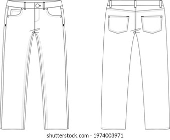 Flat sketch of men's jeans.  Fashion digital illustration. Technical sketch for CAD. Men's wear flat sketch of jeans with detailing of rivets, metal button, patch pockets, stitched round pocket.
