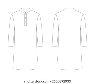 flat sketch of men's kurta with button placket and long sleeves, front and back view. Ideal for fashion design, ethnic wear tech packs, garment pattern templates, and apparel production.