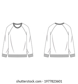 Flat sketch of men's sweat shirt. Fashion digital illustration. Men's wear flat sketch for CAD  technical sketches. Detailing of rib round neck, full sleeve with rib cuff and rib hem finish.