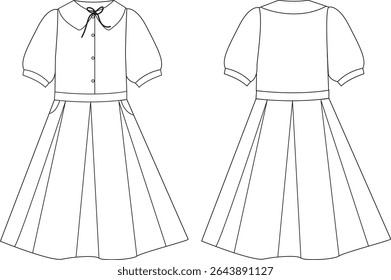 Flat Sketch of Puff Sleeve Girls’ Dress with Pleated Skirt – Technical Drawing Front and Back