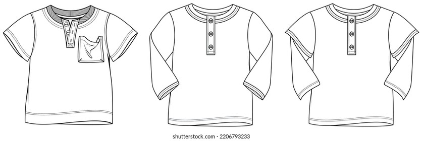 flat sketch set of boys henley neck t shirt vector illustration. CAD mockup.