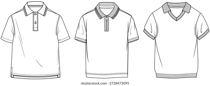 conjunto de esboço plano de meninos polo t shirts moda esboço plano vetor ilustração técnica cad modelo de desenho