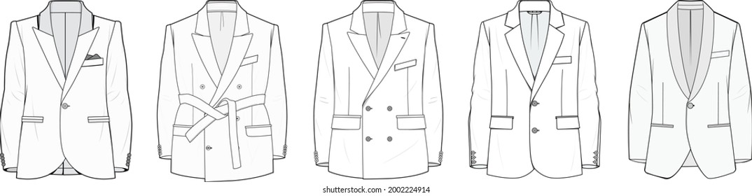 Flat Sketch Set Of Men's Blazer Suit Jacket Vector Illustration, Flat Technical Drawing, Isolated On White Background.