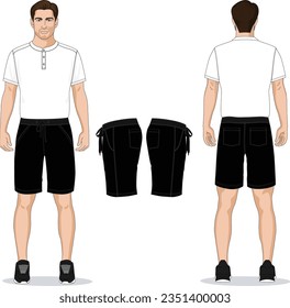 flat sketch set of mens elastic waist drawstring shorts vector illustration. CAD mockup.eps