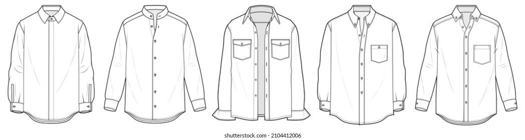 Flat Sketch Set Of Mens Long Sleeve Shirts Vector Illustration