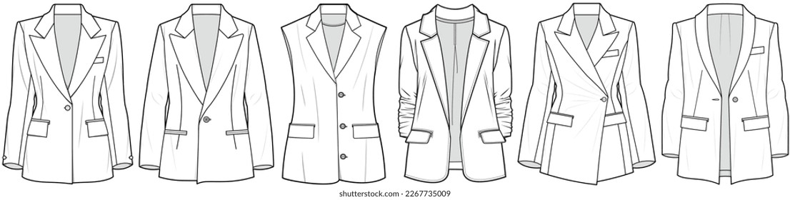 flat sketch set of womens blazer jacket technical cad drawing vector template