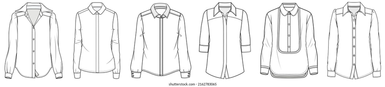 flat sketch set of womens long sleeve shirts vector illustration, apparel template cad mockup.