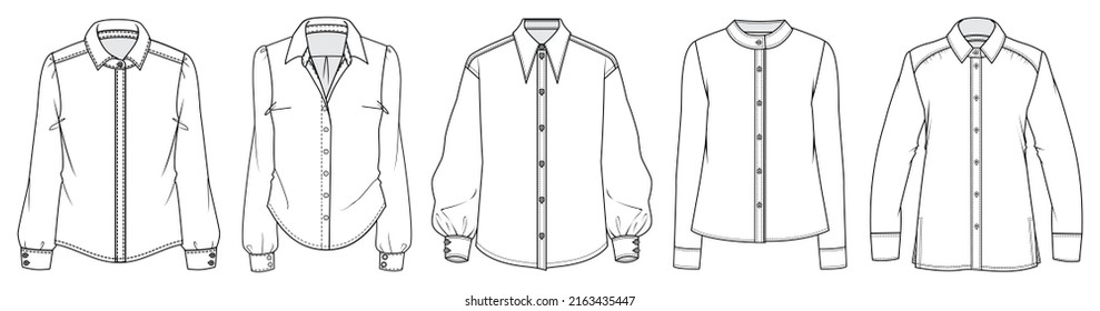 conjunto de boceto plano de la ilustración vectorial de la camisa de las mujeres, dibujo técnico plano de la blusa de la camisa de ropa de manga larga, aislado en fondo blanco