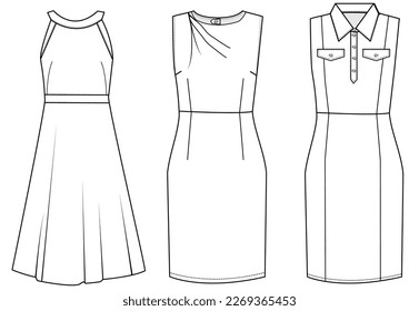 flat sketch set of womens sleeveless dress vector illustration technical cad drawing template