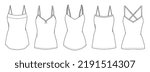 flat sketch set of womens spaghetti strap skinny tops vector illustration template. cad mockup.