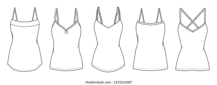 flat sketch set of womens spaghetti strap skinny tops vector illustration template. cad mockup.