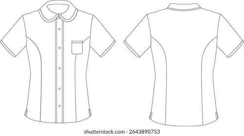 Flat Sketch of Women’s Short Sleeve Shirt with Princess Line and Peter Pan Collar